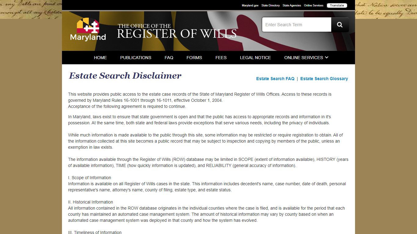 Office Of The Register Of Wills - Estate Search - Maryland